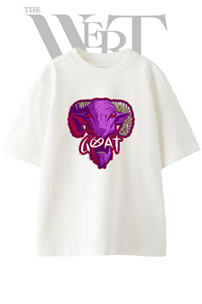 THEWERT Tricou oversize alb unisex cu imprimeu Purple Goat Design