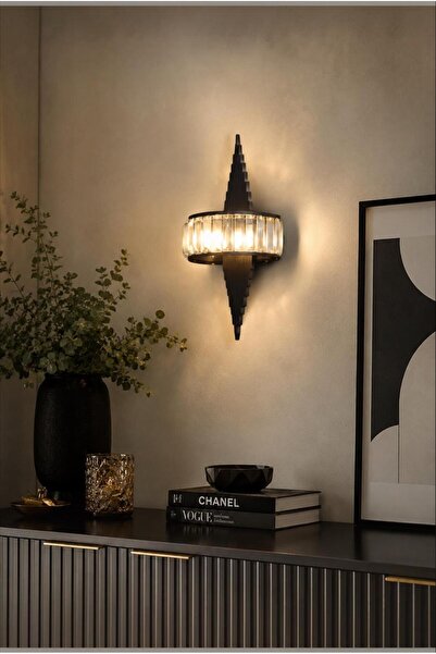 Elizim Home Lighting Modern Kristal Siyah LED Duvar Apliği 45x15 cm Elektrikl...