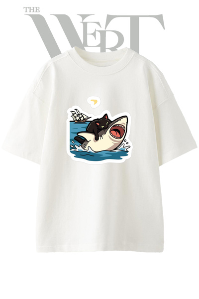 THEWERT Cat Shark Design Printed Unisex White Oversize T-Shirt