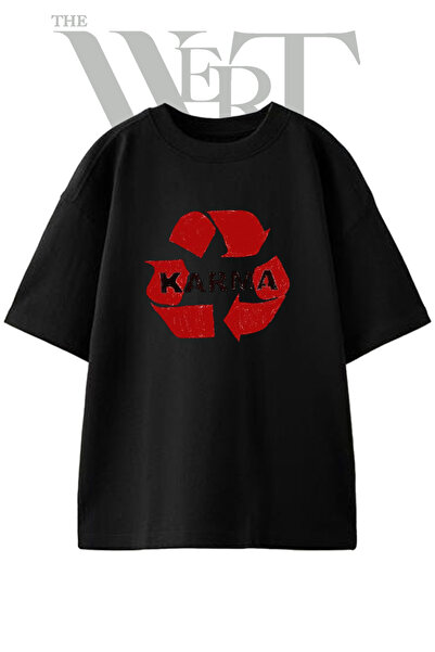 THEWERT Karma Recycle Design Printed Unisex Black Oversize T-Shirt