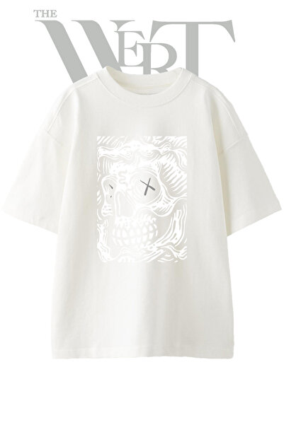 THEWERT Tricou oversize alb unisex cu imprimeu KAWS Skull Design