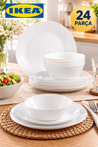 IKEA AKDENİZ OFTAST 24 Parça Yemek Takımı Beyaz 6 Kişilik Temperli Cam