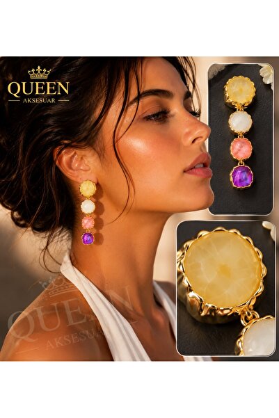QUEEN AKSESUAR أقراط ذهبية متدلية من حجر اليشم الأصفر والكوارتز الوردي والأرج...