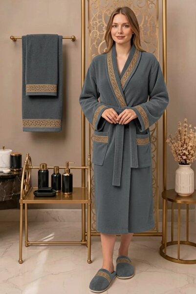 ozlıkaa Premium 100% Cotton Unisex Shawl Pocket Bathrobe Set 4 Piece Towel an...