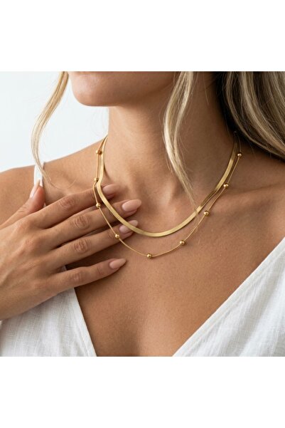 ILSA Double Layer Fish Bone & Ball Beaded Chain Steel Necklace