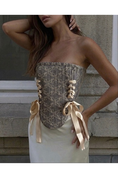 Ahya Designs Vintage Desenli Yan Bağlamalı Tasarım Korse