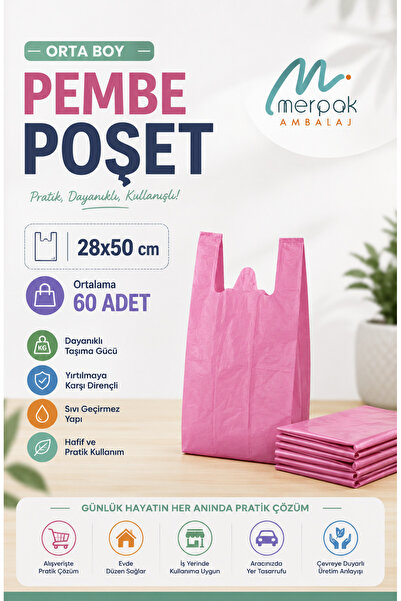 Merpak Ambalaj Kalın Pembe Poşet Orta Boy 1 Kg Market Manav Poşeti 28x50 cm Çöp Poşeti Hışır Atlet Poşet
