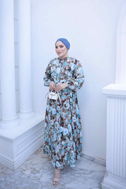 İmajButik Blue Elastic Sleeve Dress with Buckle Detail