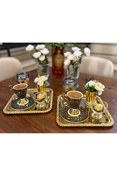 atabey home collection 2 ADET KAHVE SUNUM TEPSİSİ KARE HASIR FULL GOLD TEPSİ 22 CM