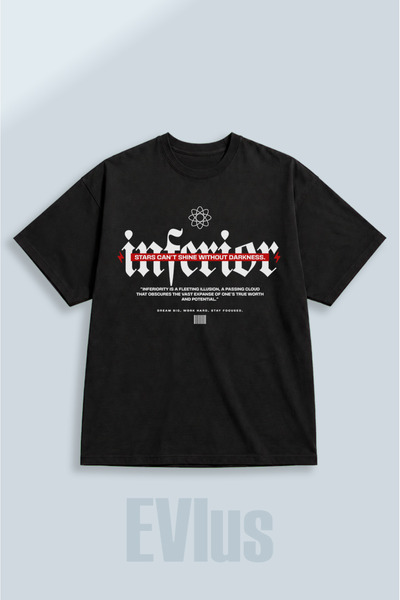 EVIus Tricou negru oversize, cu imprimeu inferior, 100% bumbac, cu decolteu t...