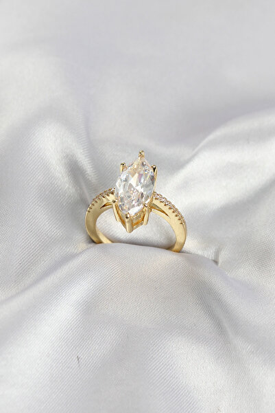 Mega Bazaar Gold Color Brass Marquise Cut Zircon Stone Women's Ring