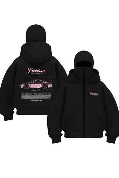 LAND MODA Unisex Oversize Siyah Freedom Araba Baskılı Maskeli Hoodie