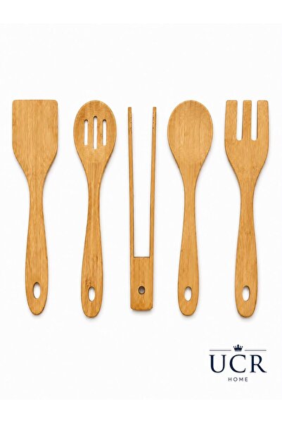 UCR HOME Doğal Bambu 5 Parça Mutfak Gereçleri Seti Servis Kaşığı ve Çatalı Spatula Maşa Bambu Seti