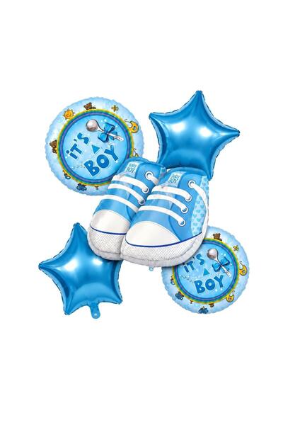 Patladı Gitti 5-Piece Baby Boy Shoe Foil Balloon Set – Blue Star Baby Boy Bab...