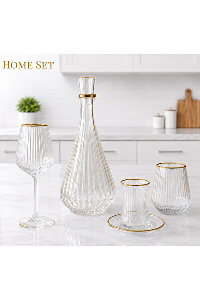 HOME SET 25 Parça Kesme Gold Kristal Cam Seti – 6 Kadeh, 6 Su Bardağı, 6 Çay ...