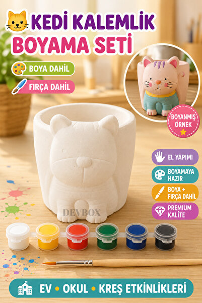 DIY Boyanabilir El Yapımı Kedi Kalemlik Boyama Seti – 1 Kedi Kalemlik + 6 Renk Boya + 1 Fırça – Çocuk ve Yetişkin Hobi Etkinliği