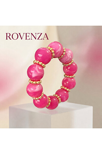 rovenza Kadın Pembe Mermer Desenli Gold Detaylı İri Reçine Boncuklu Elastik T...