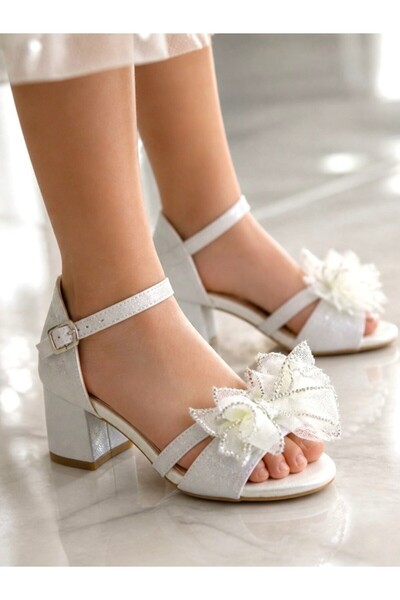 ellaboni Ankle-Tied Shiny Glitter Bow Detailed Heeled Evening Dress Shoes for...