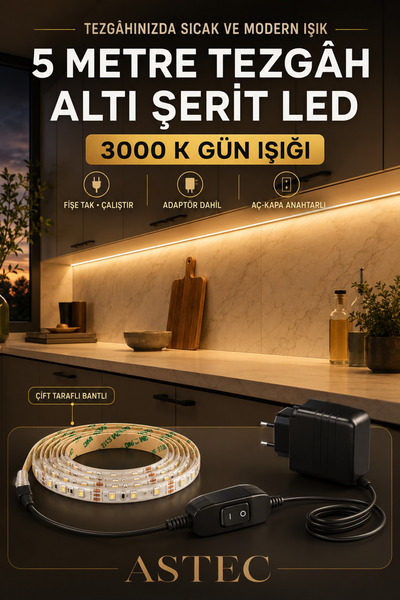 ASTEC Mutfak Dolabı Tezgah Üstü İçin 5 Metre Gün Işığı 12v Adaptörlü Aç Kapa ...