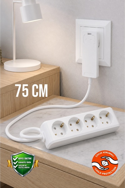 Aryes 4'lü 75 cm İnce Fişli Topraklı Grup Priz 3x1.5 TTR Tam Bakır