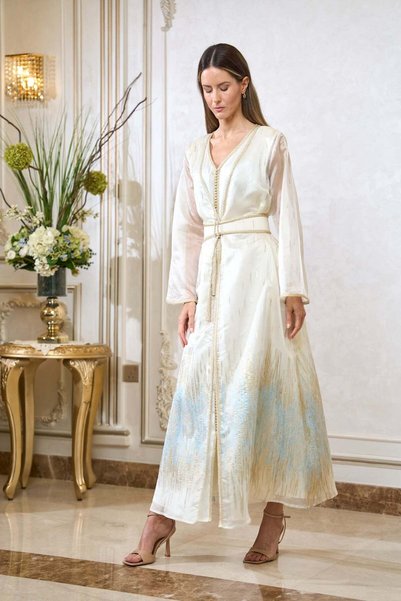 ELEGANZA LA MODE Off White, Blue Moroccan Kaftan – ELM M 665