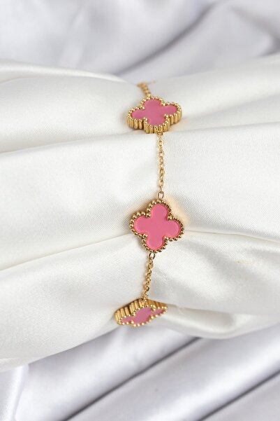 Mega Bazaar 316L Steel Gold Chain Pink Clover Color Bracelet