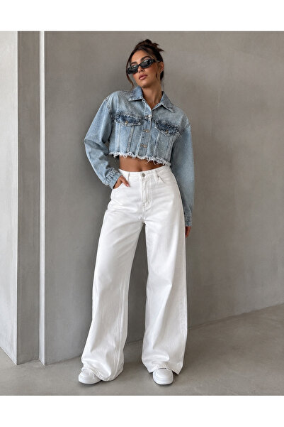 Aida Fashion Taşlı Crop denim ceket