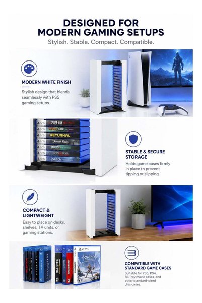 Dobe PS5 Game Disc Storage Stand Holder for 14 Blu-ray Game Cases | Vertical Space-Saving Organizer | Durable ABS Storage Rack | Easy Installation | White