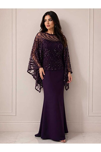 Delina Crepe Evening Gown with Sequin and Beaded Tulle Overlay