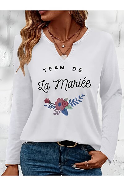 mercoledi Team Mariee Printed Cotton Half V-Neck Long Sleeve Blouse