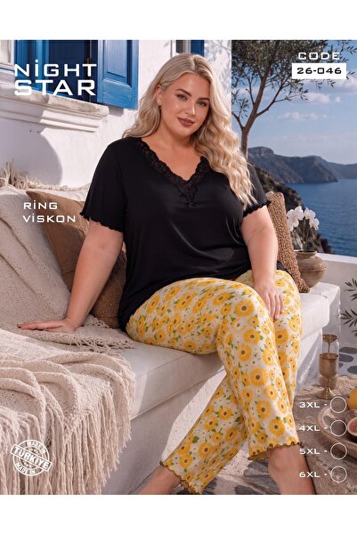 Night Star Angel Daisy Patterned Black Ring Viscose Plus Size Pajama Set