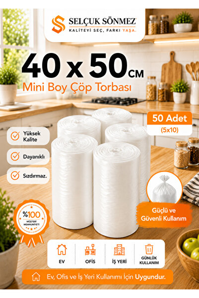 SELÇUK SÖNMEZ MİNİ BOY ÇÖP POŞETİ 40x50 CM BEYAZ 200 ADET DAYANIKLI SIZDIRMAZ