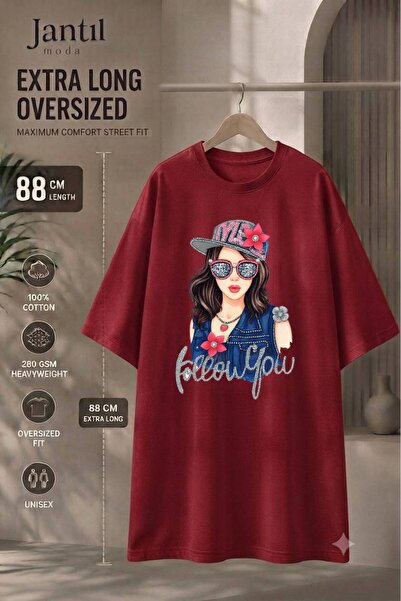 JANTIL MODA Crew Neck Follow You Written Girl Figure Extra Long Oversize Tuni...
