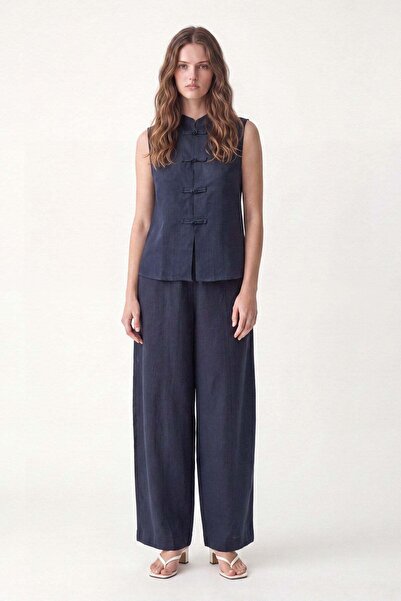 Antioch Navy Blue Linen Blend Ornate Button Suit