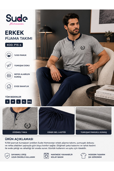 Sude Erkek %100 Pamuk Kısa Kollu Pijama Takımı – Gri/Lacivert
