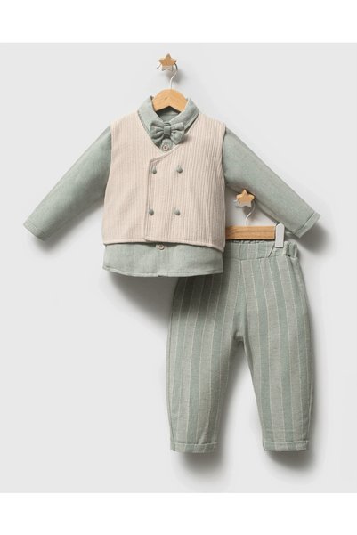 Momercy Boy's Green Color Striped Pants Shirt Vest Jacket Bow Tie Suit