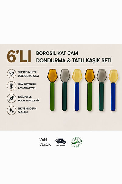 VAN VLECK 6'lı Renkli Borosilikat Cam Dondurma ve Tatlı Kaşığı Seti – Isıya D...