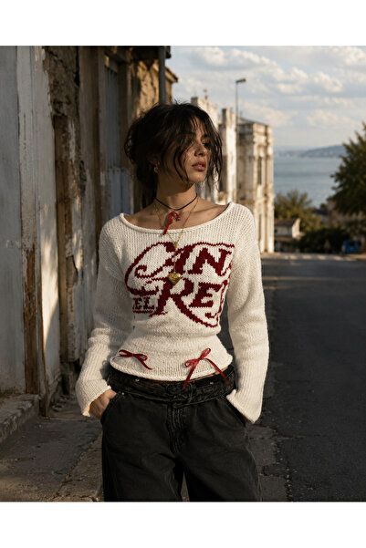 8line Beyaz Lana Del Rey Fiyonklu Y2K Triko Kazak
