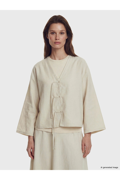 LC Waikiki LCW Modest Εκρού Γυναικείο Κιμονό με λαιμόκοψη V