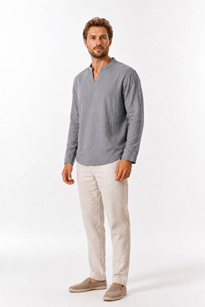 Suffa 100% Cotton Crinkle V-Neck Long Sleeve Shirt