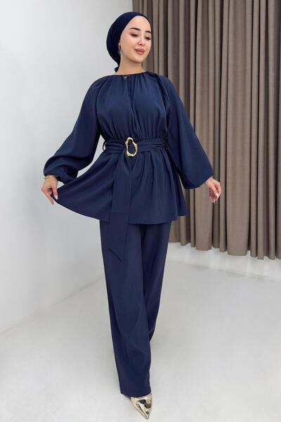 Raneel Kazançlı Alışveriş Women's Pleated Belted Suede Suit Navy Blue