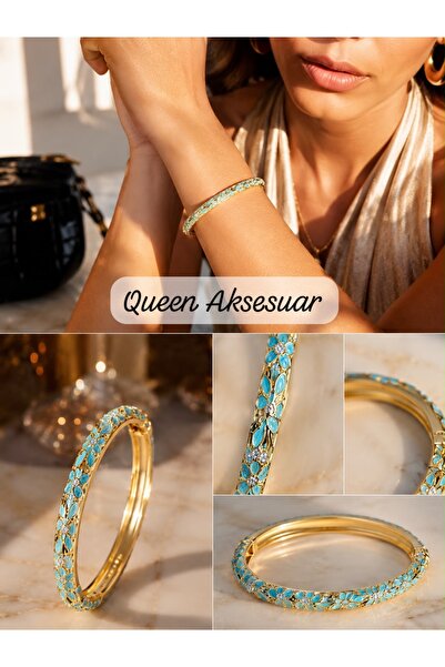 QUEEN AKSESUAR سوار نسائي فاخر أنيق من الذهب الأصفر مع زخارف زهرية مطلية بالم...