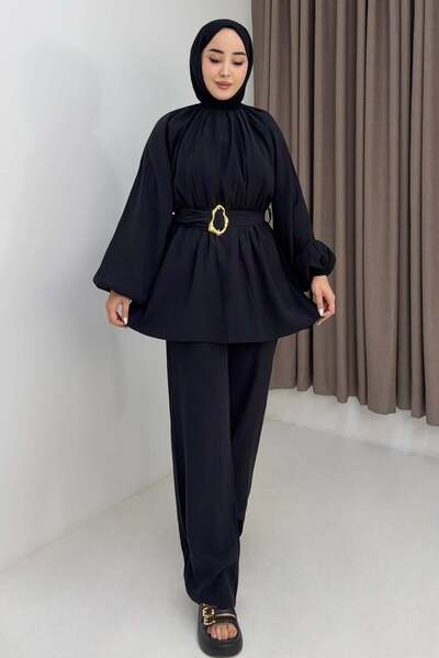 Raneel Kazançlı Alışveriş Women's Pleated Belted Suede Suit Black