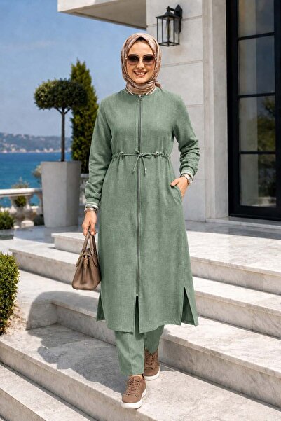 Hb Harma Time Butik Ženske rebraste lanene hlače s patentnim zatvaračem, zele...