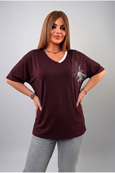 Koza Butik Women's Plus Size Short Sleeve V-Neck Piping Detailed Stone Printe...