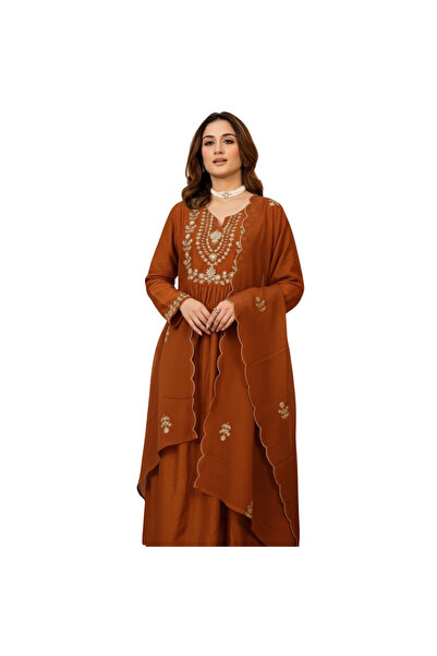 MYSMAR Orange Silk Embroidered A-Line Kurta Pant Set with Dupatta - ALV2169 |...