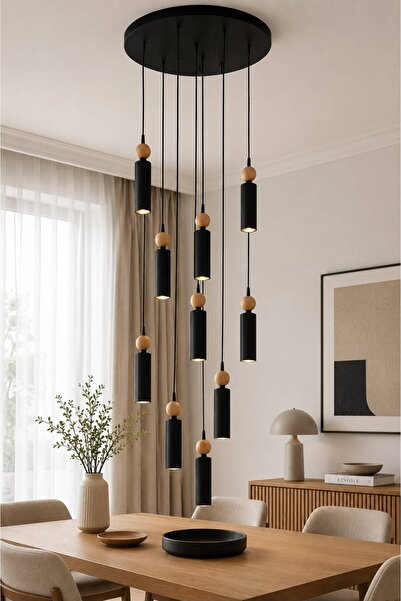 VENON Alkan 10-Piece Black Wooden Spotlight Chandelier | |   195 cm Ceiling M...