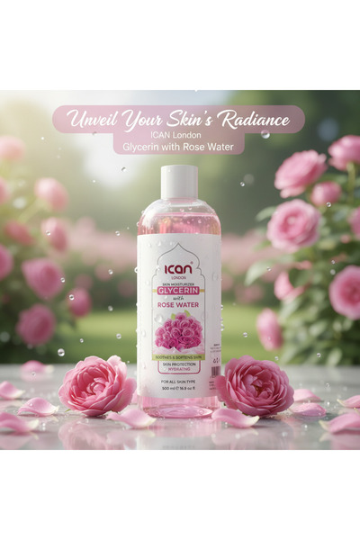 Ican London Rose Water Glycerine 500ml – Deep Hydrating Moisturiser for Soft, Smooth Skin | Rose Water & Glycerine Formula for Face & Body
