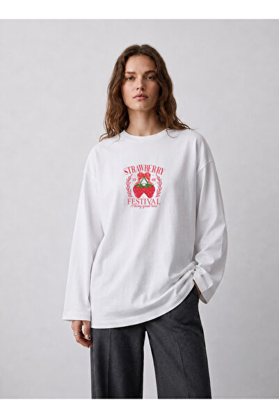 Grafftee Clothing تي شيرت أبيض كبير الحجم بأكمام طويلة مصنوع من القطن بنسبة 1...