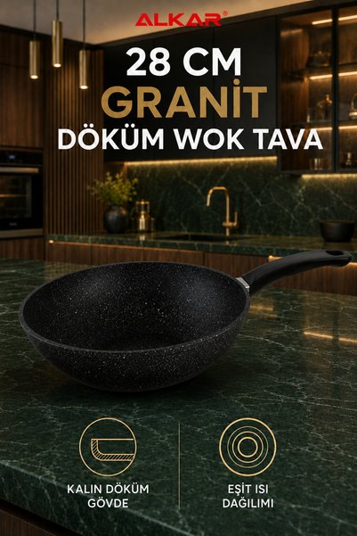 AKBA HOME Granite Cast Wok Pan 28 cm Professional Thick Body Deep Pan with Even Heat Distribution